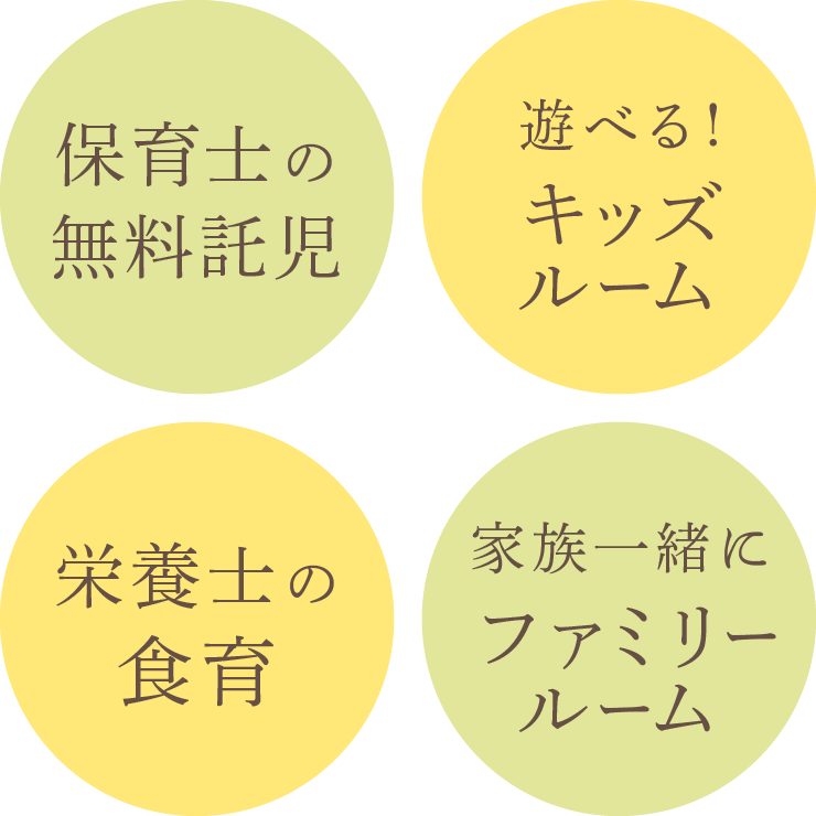 保育士の無料託児、遊べる！キッズルーム、栄養士の食育、家族一緒にファミリールーム