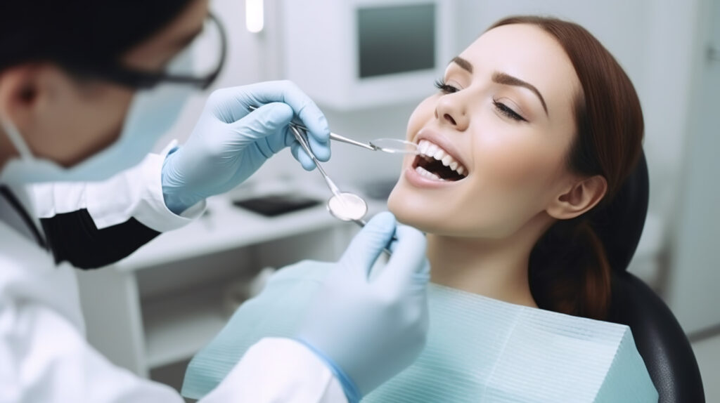 歯科医院で大きく口を開けて治療を受ける女性
