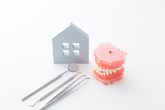 自宅での口腔ケアを示す入れ歯模型と歯科器具