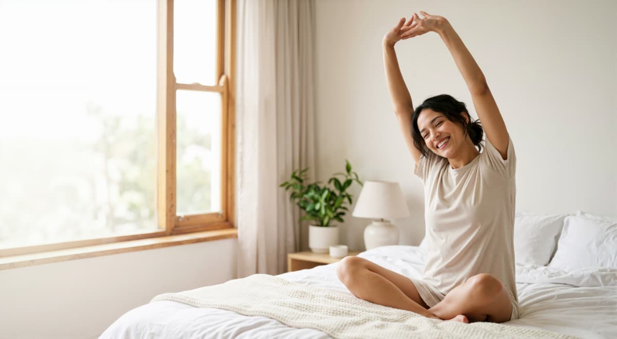 軽いストレッチでストレス対策をする女性